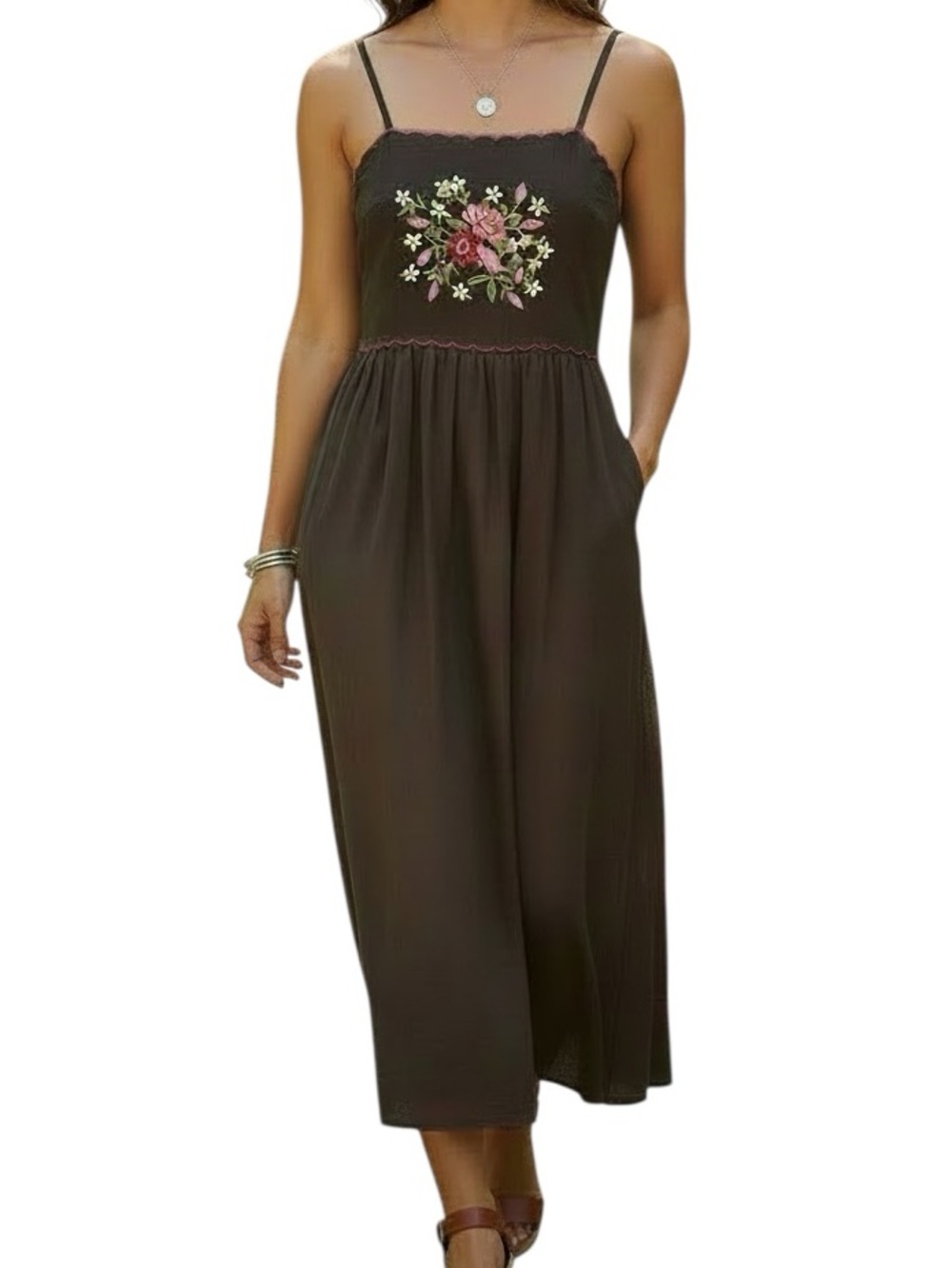 Sim & Sam Chocolate Brown Embroidered Cami Maxi Dress Size S